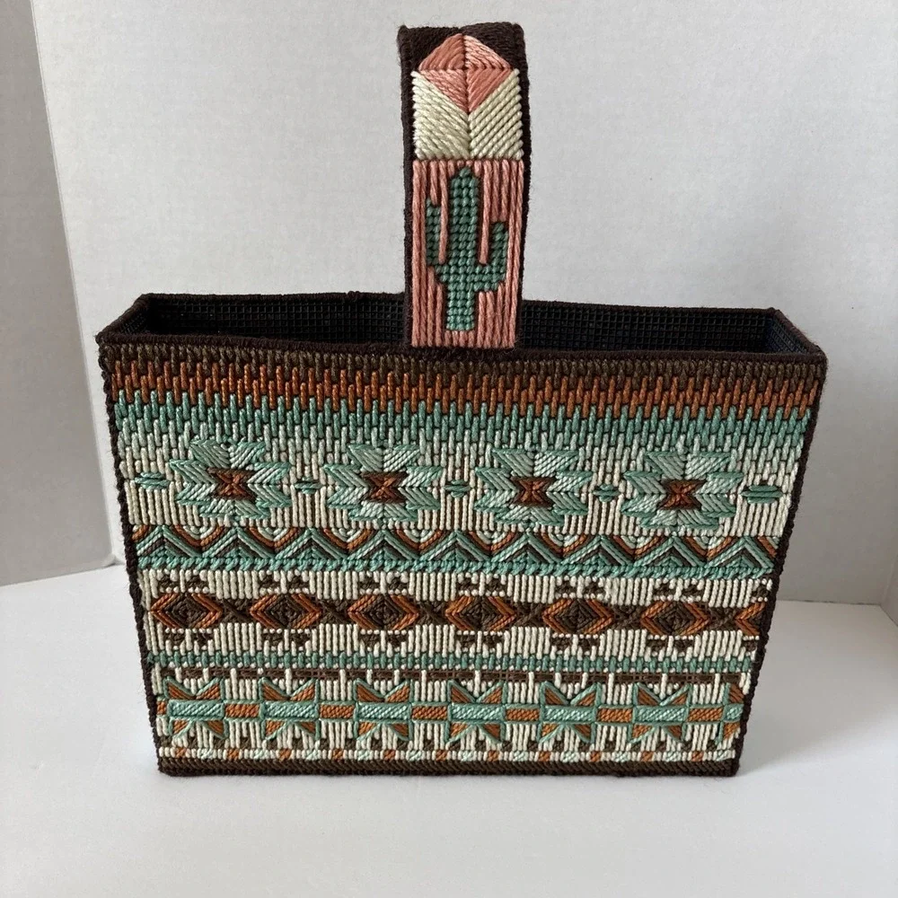 Vintage Handmade Needlepoint Cross Stitch Box Aztec Desert Cactus Purse